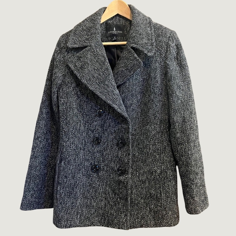 London Fog Pea Coat Womens Medium Black White Tweed Wool Blend Double Breasted
